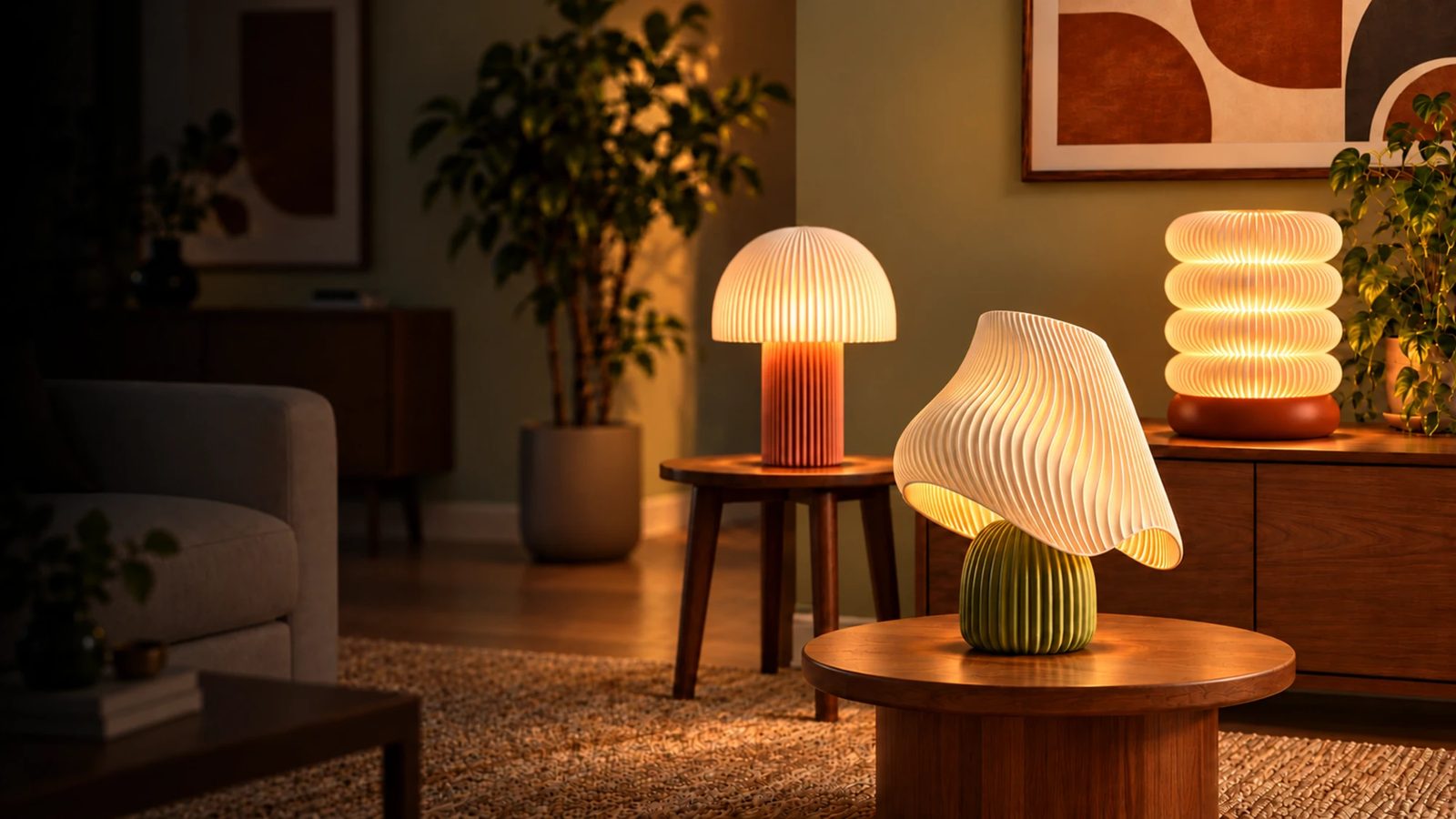 Trois lampes à poser PureFlow imprimées en 3D, allumées dans un salon : lampe champignon, abat-jour ondulé et lampe anneaux