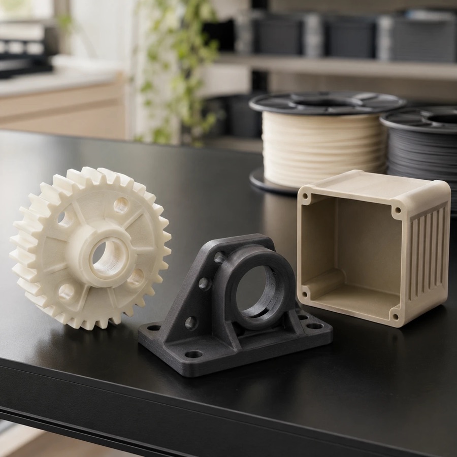 Pièces imprimées en 3D par PureFlow : engrenage, support et boîtier électronique