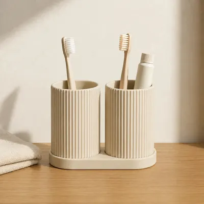 Ensemble Porte-Brosses a Dents Beige a Cotes - Duo de Rangement Salle de Bain - Impression 3D — objet imprimé en 3D par PureFlow